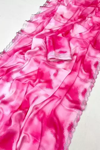 Pink satin printed saree with floral print