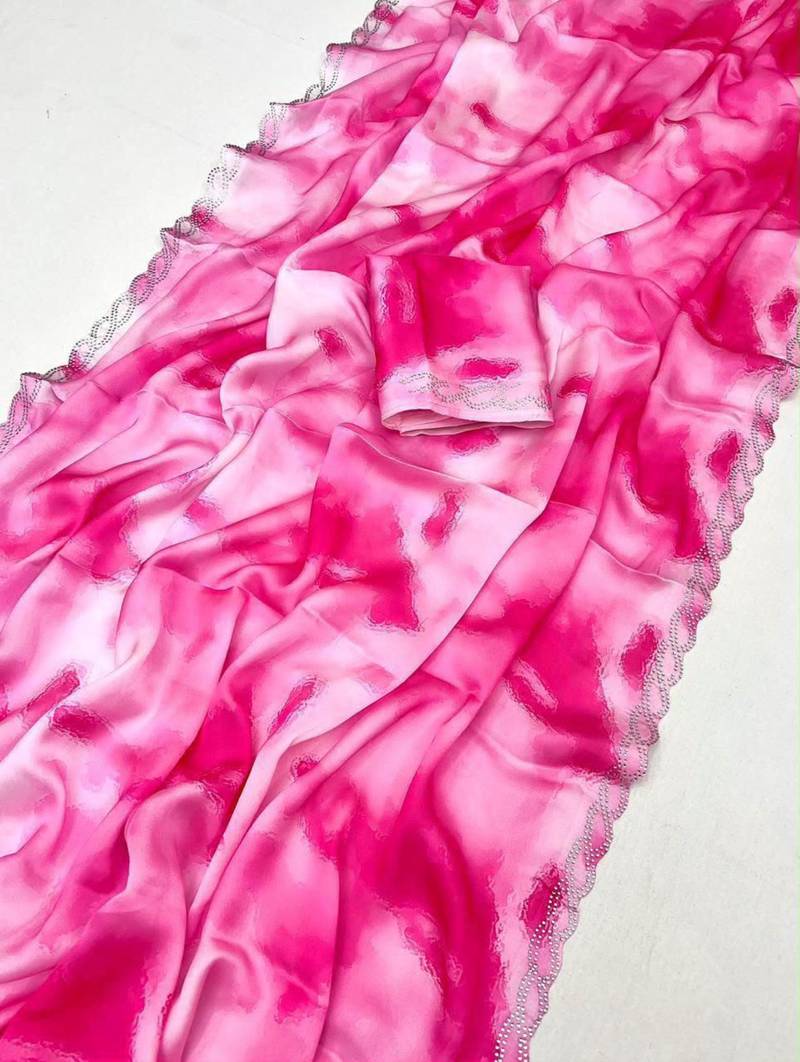 Pink satin printed saree with floral print