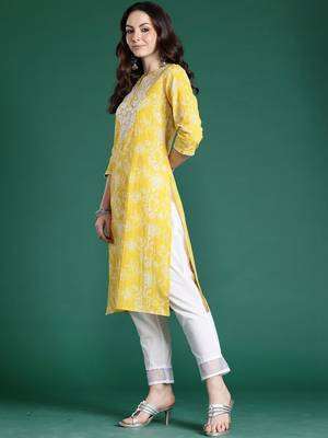 Yellow women floral embroidered thread work kurta 4