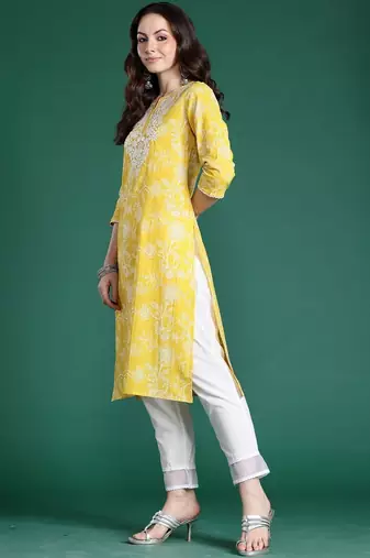 Yellow women floral embroidered thread work kurta