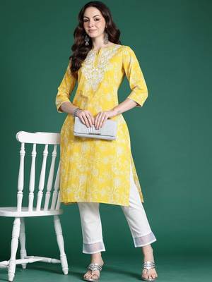 Yellow women floral embroidered thread work kurta 5