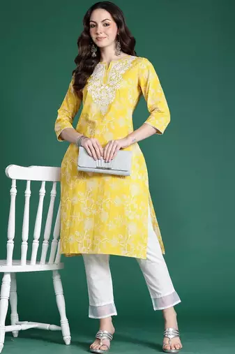 Yellow women floral embroidered thread work kurta
