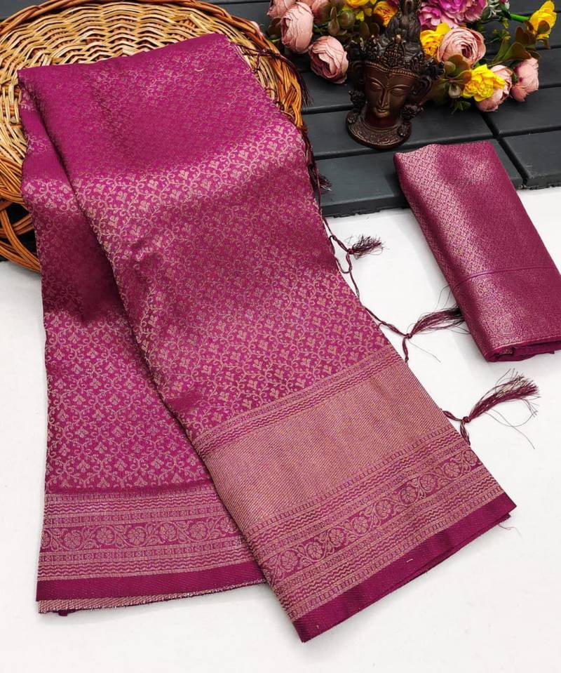 Magenta silk blend woven saree with zari work