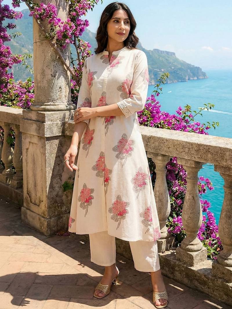 Off white women floral printed floral kurta