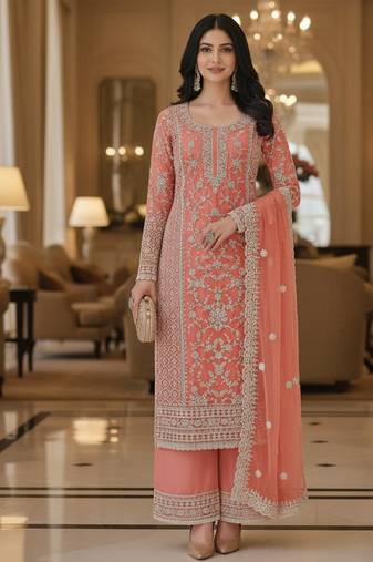 Peach color girlie butterfly net ceremonial salwar kameez for glamorous looks