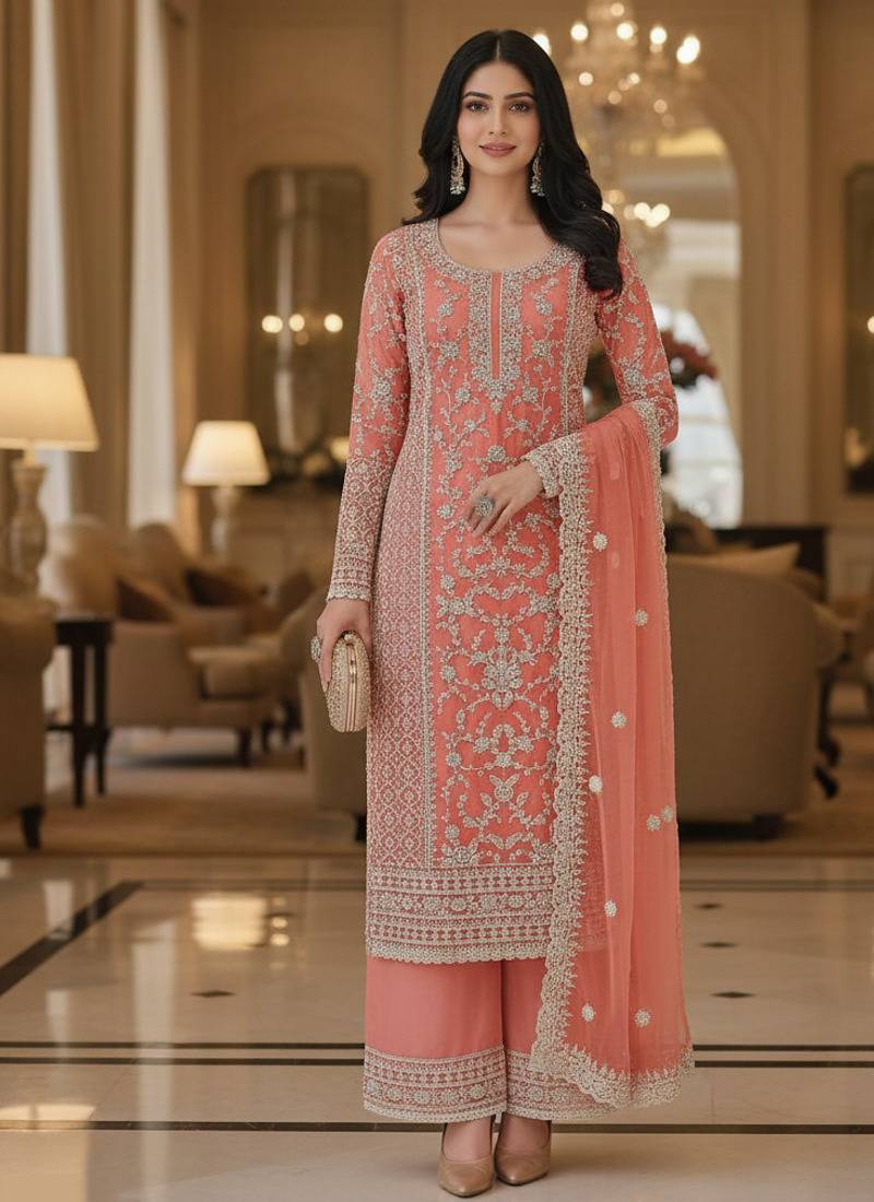 Peach color girlie butterfly net ceremonial salwar kameez for glamorous looks