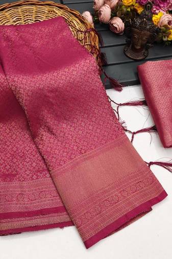 Pink silk blend woven saree with zari work