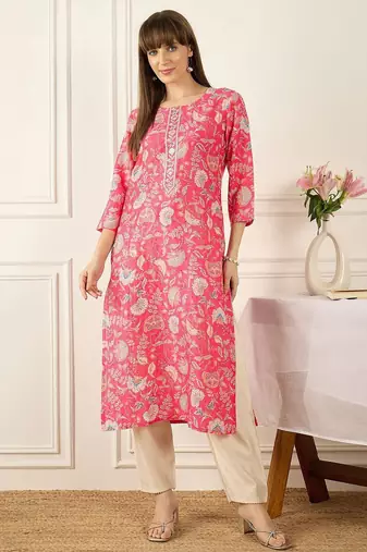 Pink floral printed cotton thread work straight kurta
