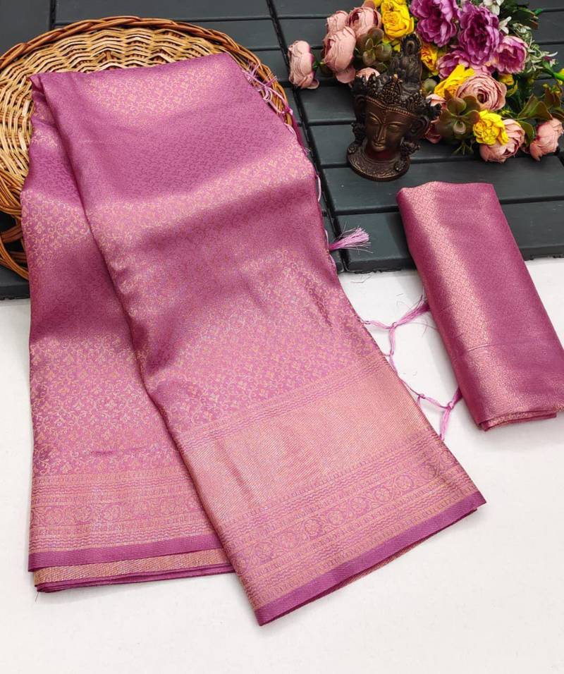 Onion pink silk blend woven saree with zari work