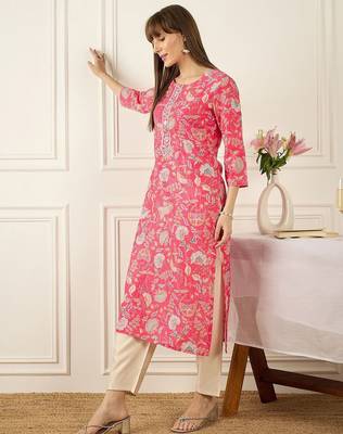 Pink floral printed cotton thread work straight kurta 4