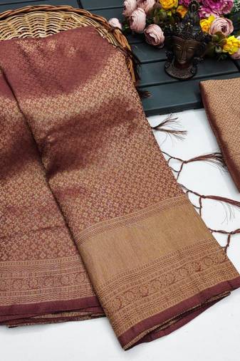 Coffee silk blend woven saree with zari work