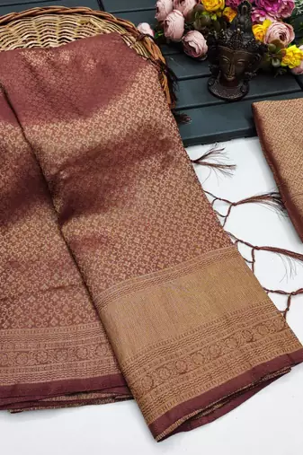 Coffee silk blend woven saree with zari work