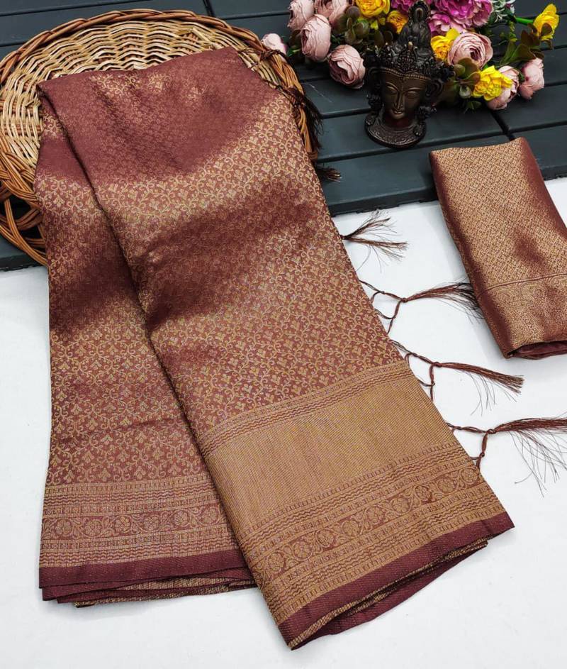 Coffee silk blend woven saree with zari work