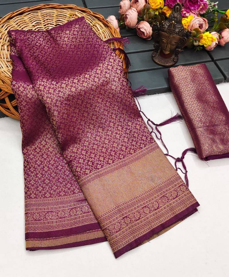 Wine silk blend woven saree with zari work
