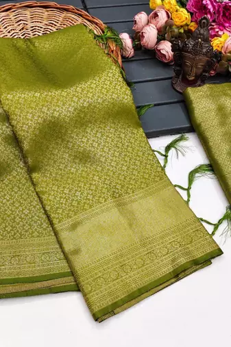 Olive silk blend woven saree with zari work