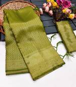 Olive silk blend woven saree with zari work