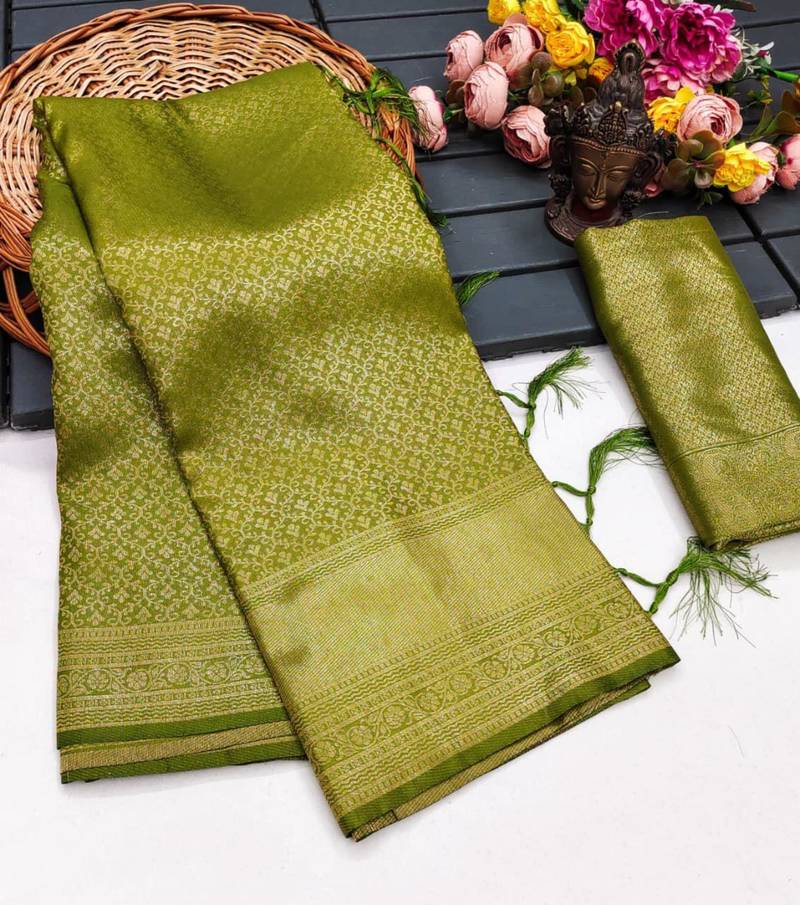 Olive silk blend woven saree with zari work