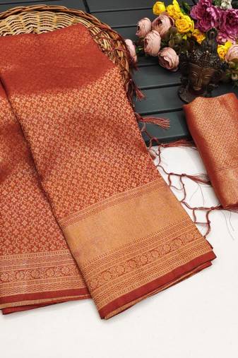 Orange silk blend woven saree with zari work