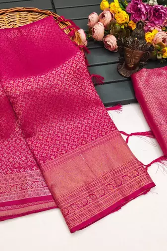 Pink silk blend woven saree with zari work