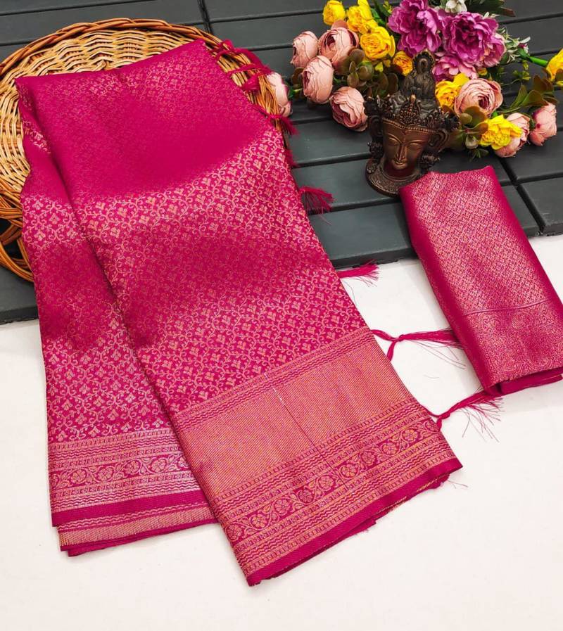 Pink silk blend woven saree with zari work