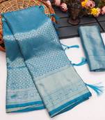 Blue silk blend woven saree with zari work