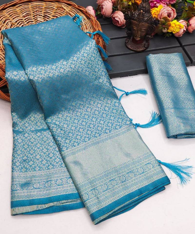Blue silk blend woven saree with zari work