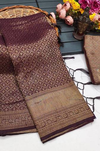 Wine silk blend woven saree with zari work