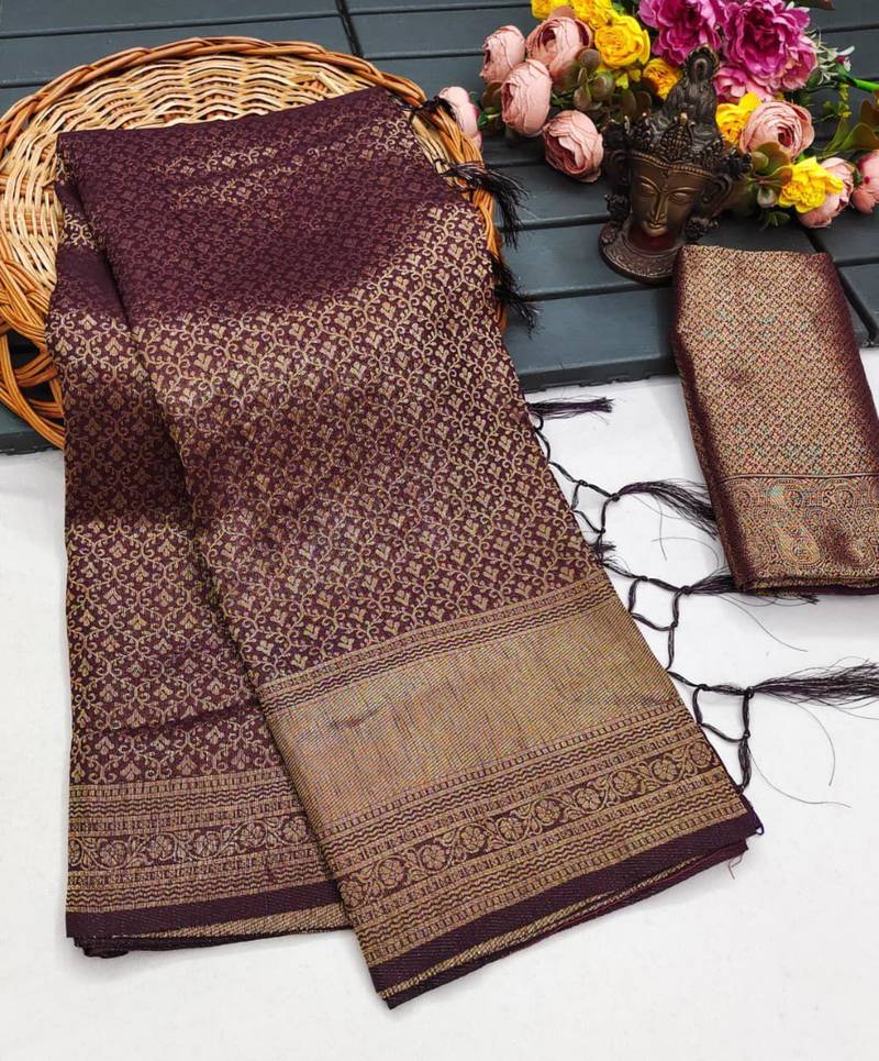 Wine silk blend woven saree with zari work
