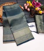 Teal silk blend woven saree with zari work
