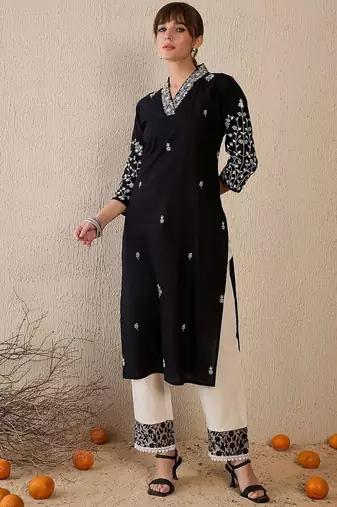 Black women floral embroidered thread work kurta