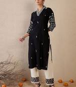 Black women floral embroidered thread work kurta