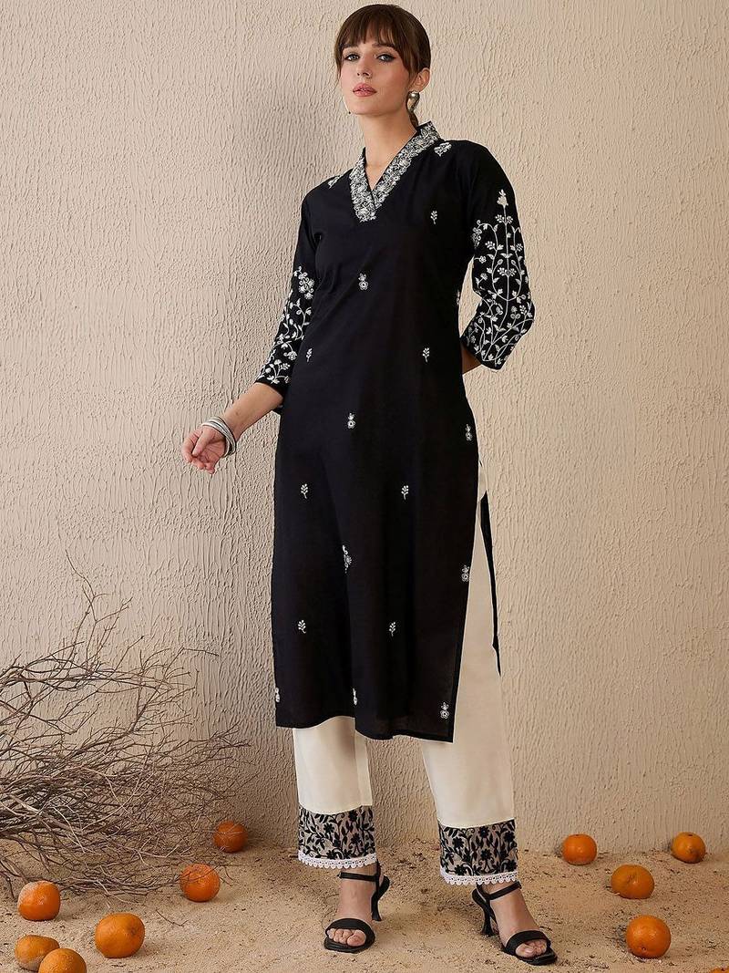 Black women floral embroidered thread work kurta
