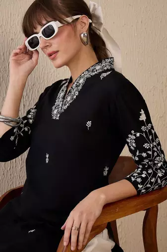 Black women floral embroidered thread work kurta