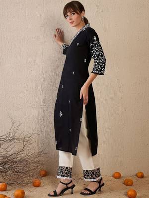 Black women floral embroidered thread work kurta 3