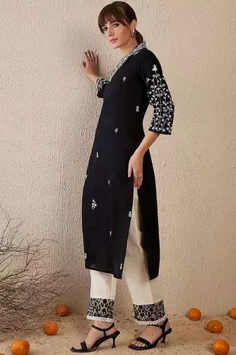 Black women floral embroidered thread work kurta