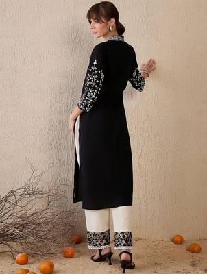 Black women floral embroidered thread work kurta 4