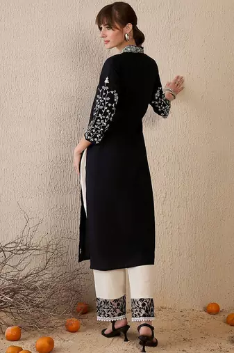 Black women floral embroidered thread work kurta