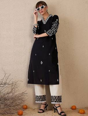 Black women floral embroidered thread work kurta 5