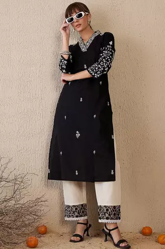 Black women floral embroidered thread work kurta