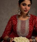 Red women bandhani printed screen print festive straight kurta