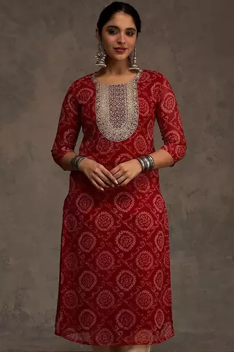 Red women bandhani printed screen print festive straight kurta