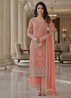 Peach color girlie butterfly net ceremonial salwar kameez for glamorous looks 2