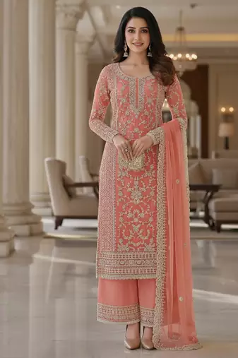 Peach color girlie butterfly net ceremonial salwar kameez for glamorous looks