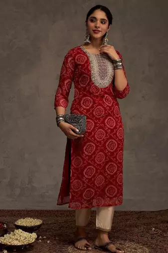 Red women bandhani printed screen print festive straight kurta