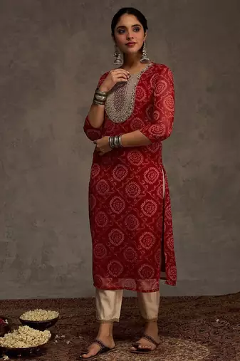 Red women bandhani printed screen print festive straight kurta