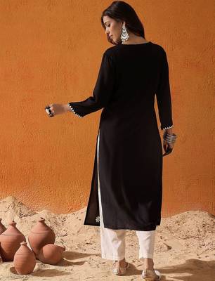 Black black floral embroidered straight kurta 4
