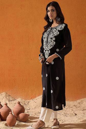 Black black floral embroidered straight kurta