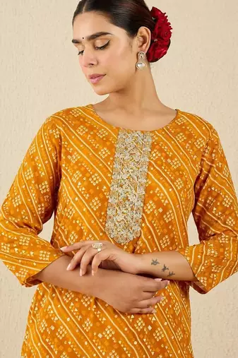 Mustard women bandhani embroidered sequinned kurta