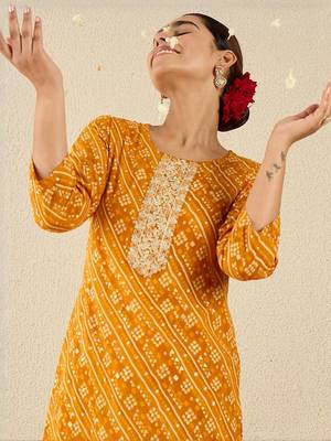 Mustard women bandhani embroidered sequinned kurta 1