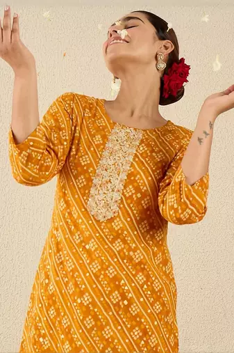 Mustard women bandhani embroidered sequinned kurta